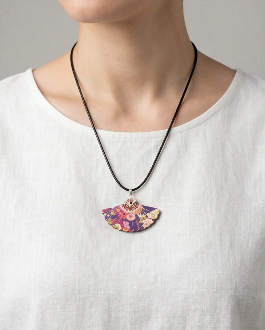 Vintage Purple Floral Hand-Fan Pendant Necklace