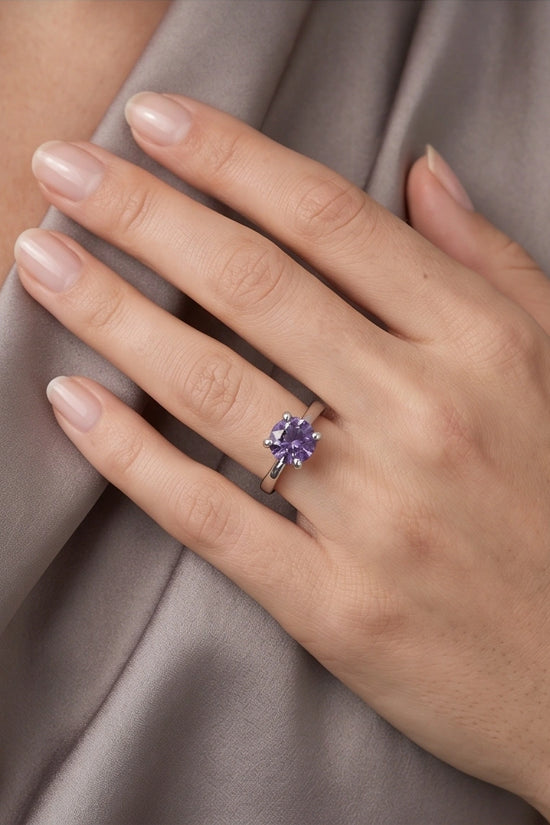 Sterling Silver Amethyst Purple Round Cut Solitaire Ring