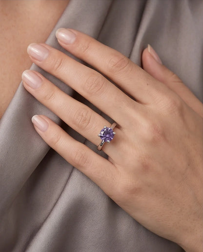 Sterling Silver Amethyst Purple Round Cut Solitaire Ring