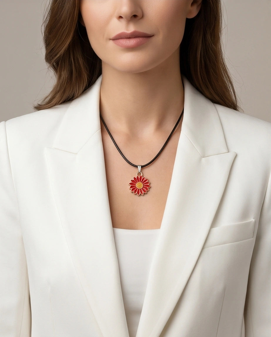 Gold and Red Sunflower Pendant Necklace