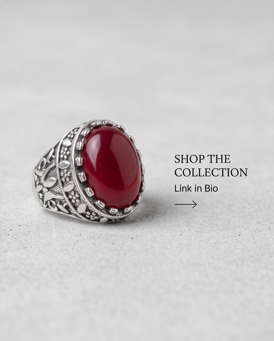 Crimson Red Oval Cabochon Ornate Leaf Scrollwork Silver Ring