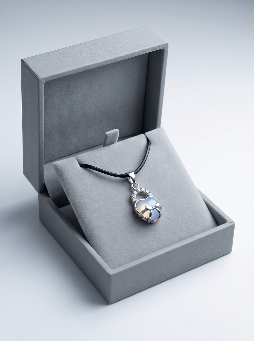 Opalite Heart Bow Lock Pendant Necklace