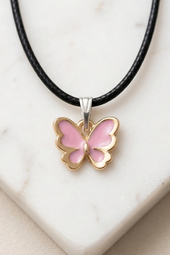 Pink Butterfly Enamel Pendant Necklace