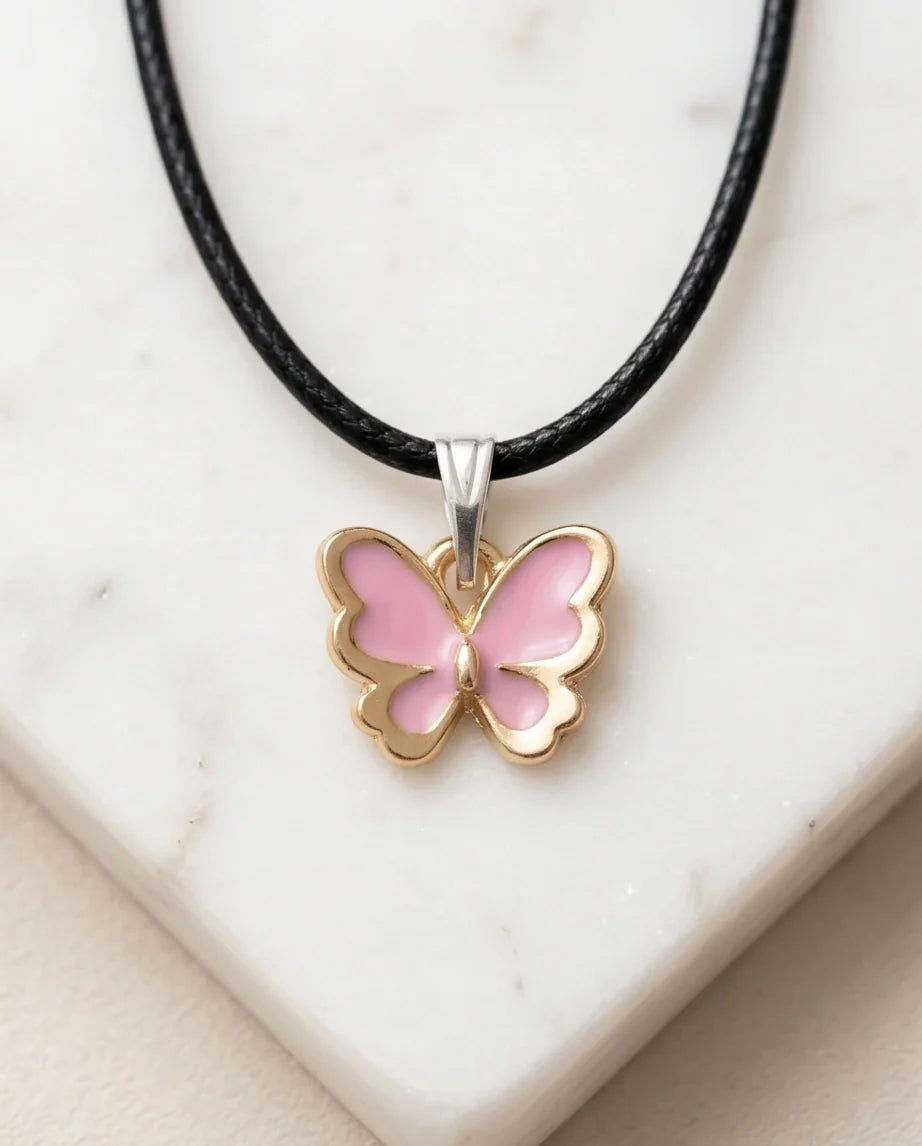 Pink Butterfly Enamel Pendant Necklace