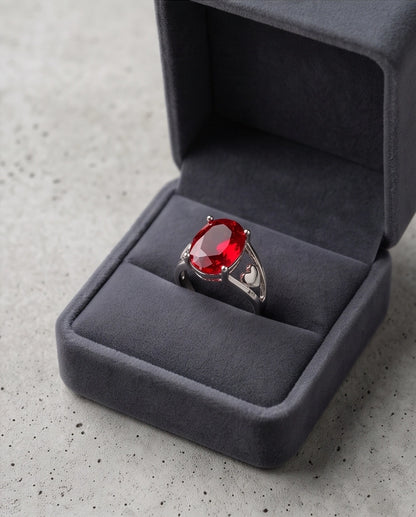 Silver Oval Ruby Heart Detail Solitaire Ring