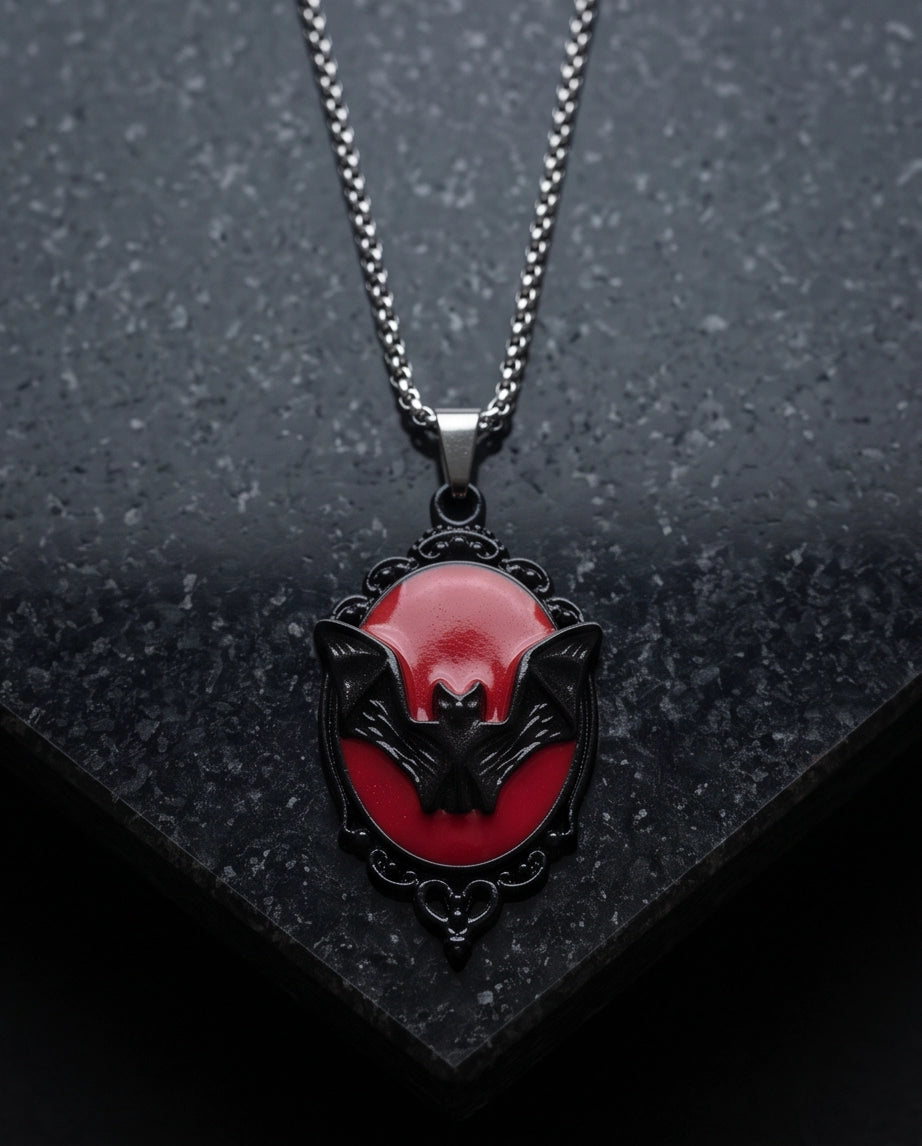 Black Gothic Bat Red Enamel Medallion Chain Necklace