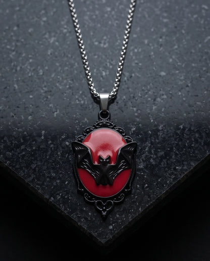 Black Gothic Bat Red Enamel Medallion Chain Necklace