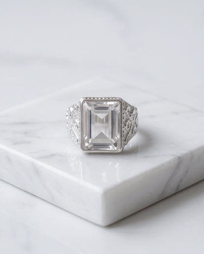 Clear Quartz Emerald-Cut Gemstone Filigree Beaded Silver Ring