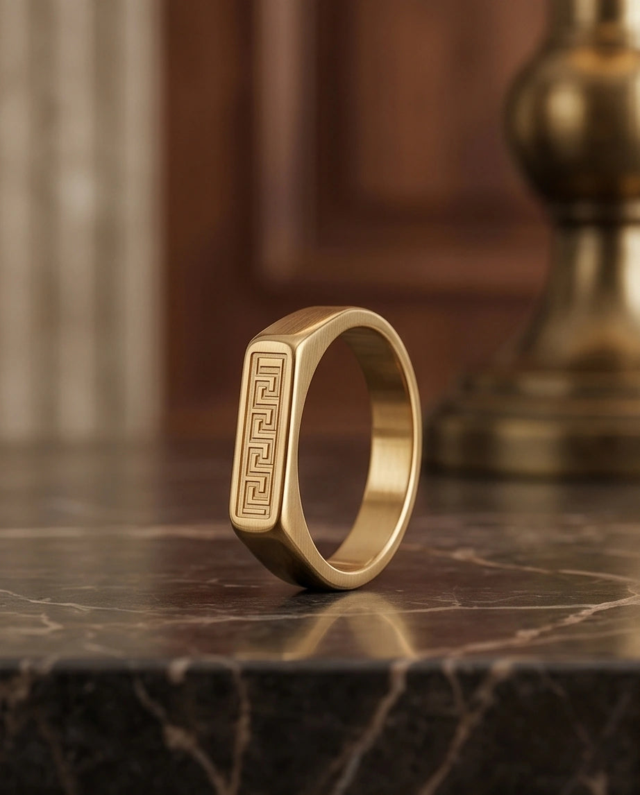 Golden Grecian Key Minimalist Signet Ring