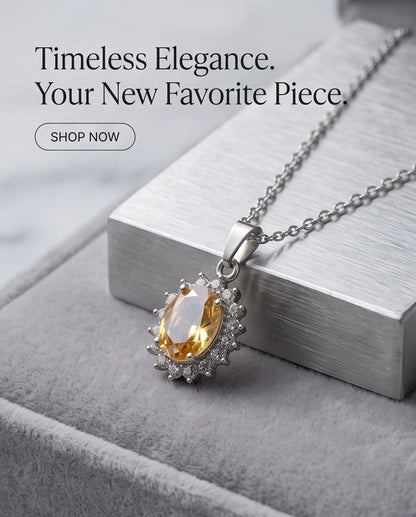 Silver Citrine Yellow Oval Halo Medallion Pendant Necklace
