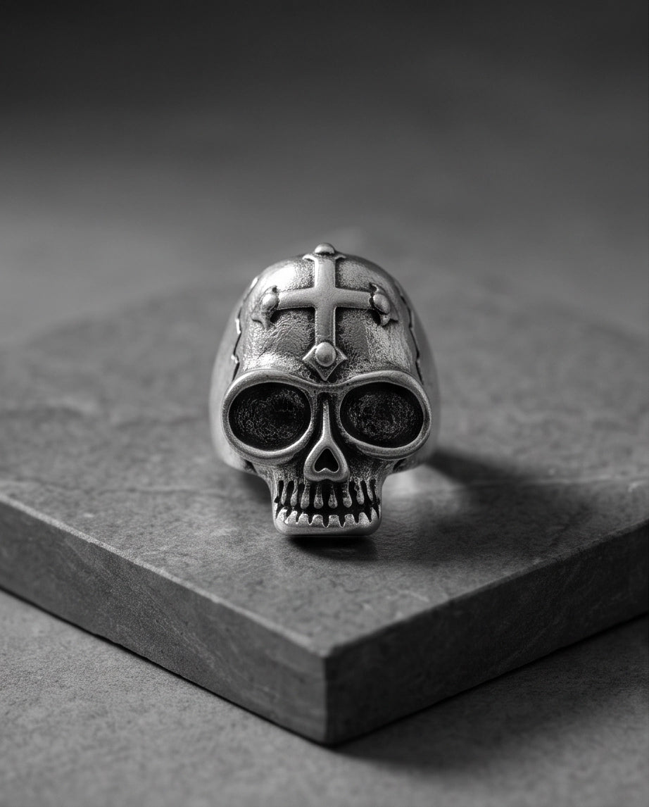 Gothic Cross-Embossed Anatomical Skull Silver Ring