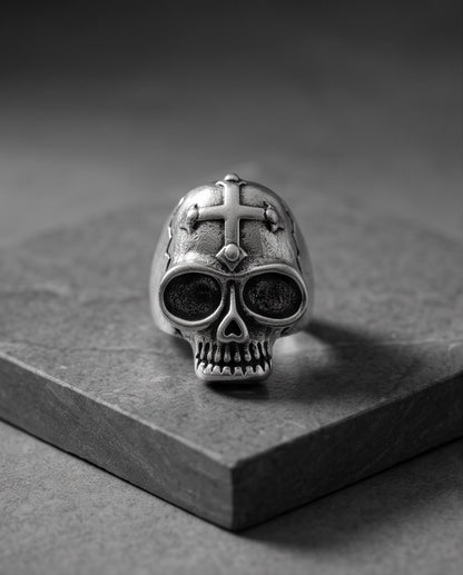 Gothic Cross-Embossed Anatomical Skull Silver Ring