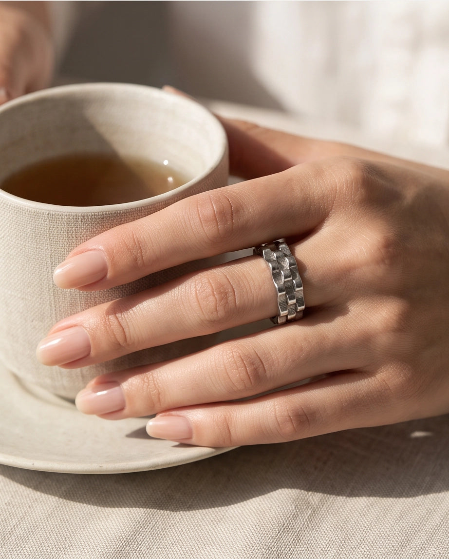 Industrial Cogwheel Scalloped Silver Band