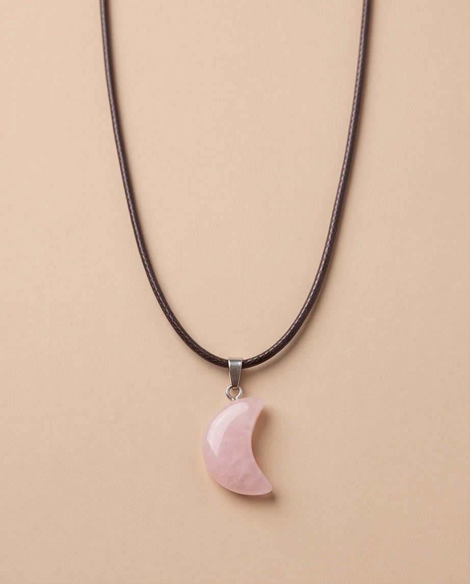 Silver Rose Quartz Pink Crescent Moon Pendant Necklace