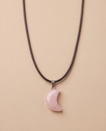 Silver Rose Quartz Pink Crescent Moon Pendant Necklace