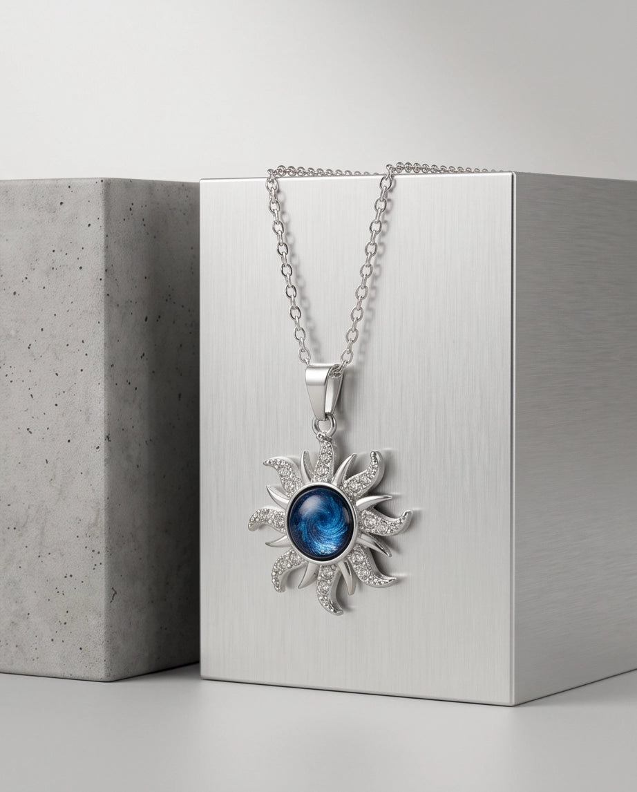 Silver Crystal Celestial Sunburst Galaxy Pendant Necklace