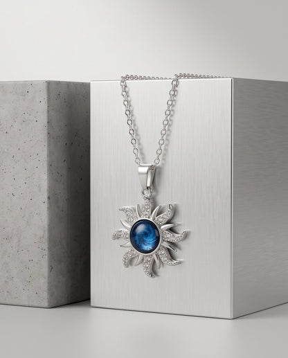 Silver Crystal Celestial Sunburst Galaxy Pendant Necklace