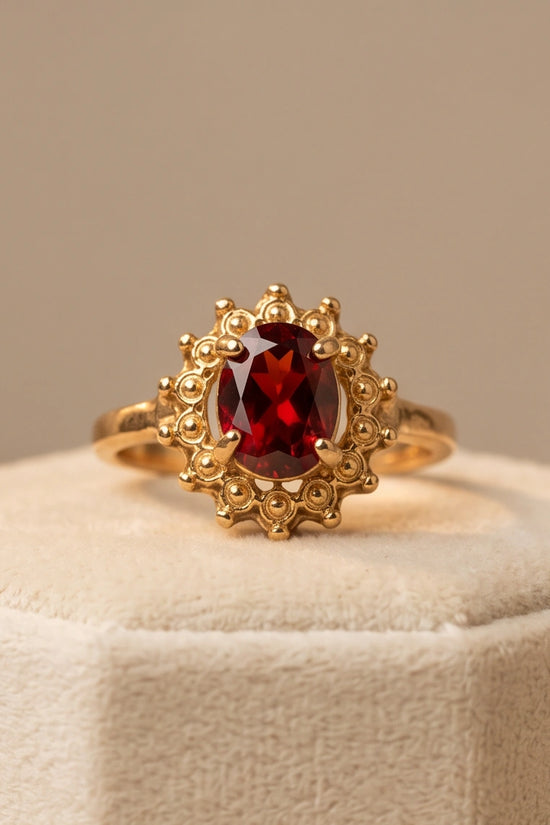 Vintage Gold Oval Garnet Victorian Halo Ring