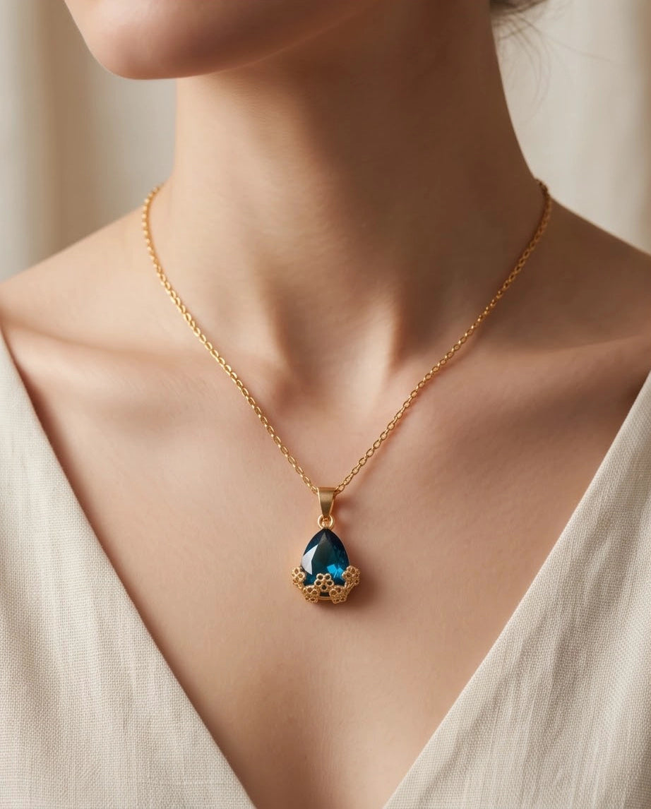 Gold Sapphire Teardrop Floral Basket Pendant Necklace