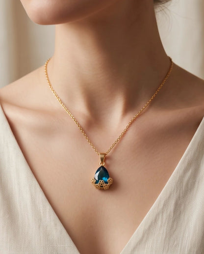 Gold Sapphire Teardrop Floral Basket Pendant Necklace