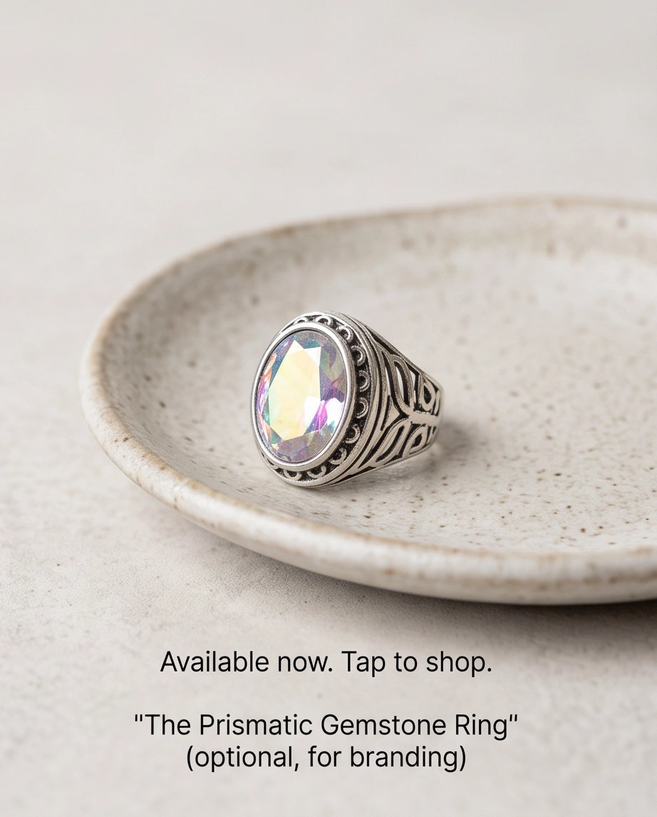 Mystic Rainbow Iridescent Oval-Cut Gemstone Ornate Bezel Silver Ring