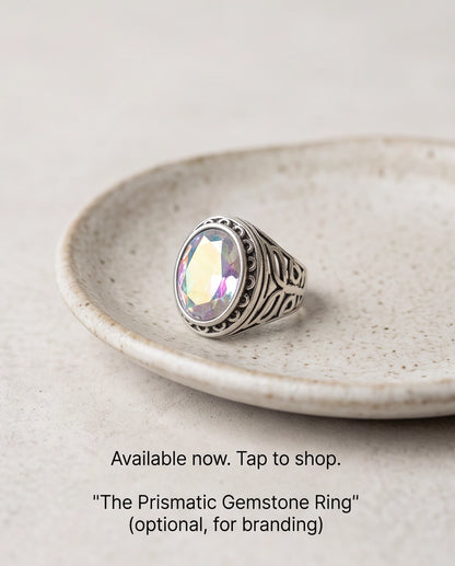 Mystic Rainbow Iridescent Oval-Cut Gemstone Ornate Bezel Silver Ring
