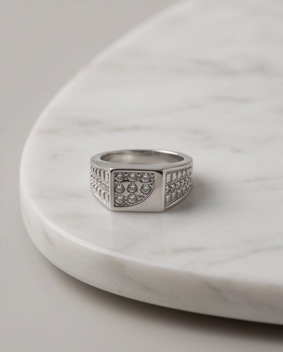 Pavé Crystal Cluster Inlay Brick-Link Band Silver Ring