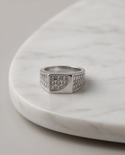 Pavé Crystal Cluster Inlay Brick-Link Band Silver Ring