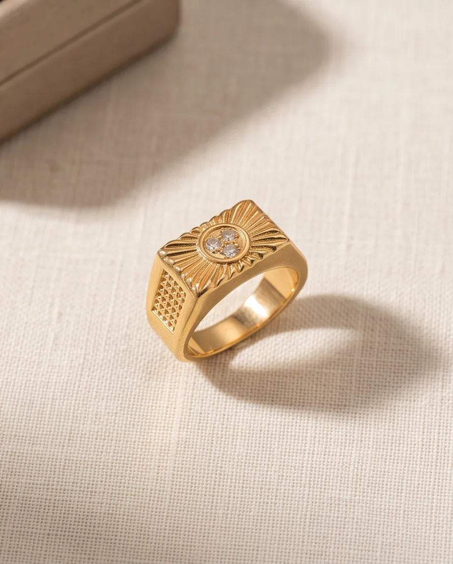 Celestial Sunburst Pavé Triple-Crystal Grid Gold Ring