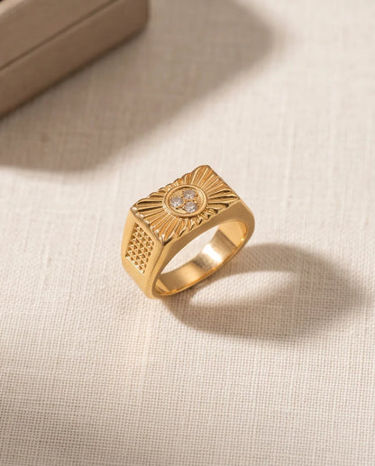 Celestial Sunburst Pavé Triple-Crystal Grid Gold Ring