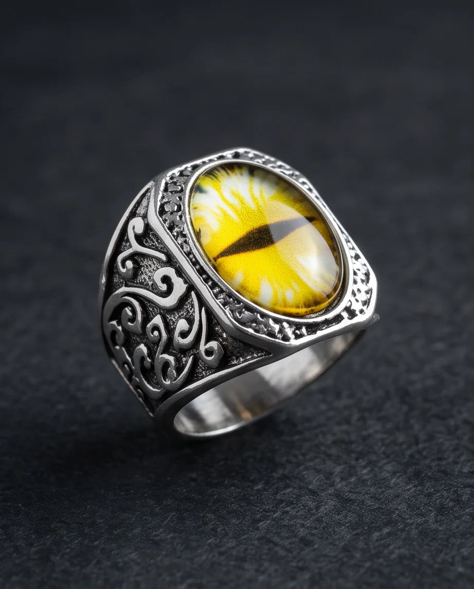 Amber Slit-Pupil Gilded Frame Silver Ring
