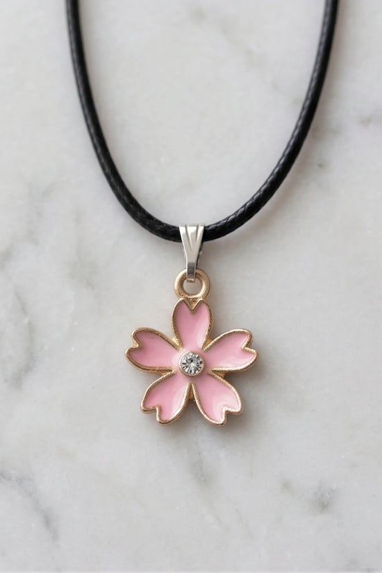 Pink Cherry Blossom Enamel Pendant Necklace with Crystal Accent