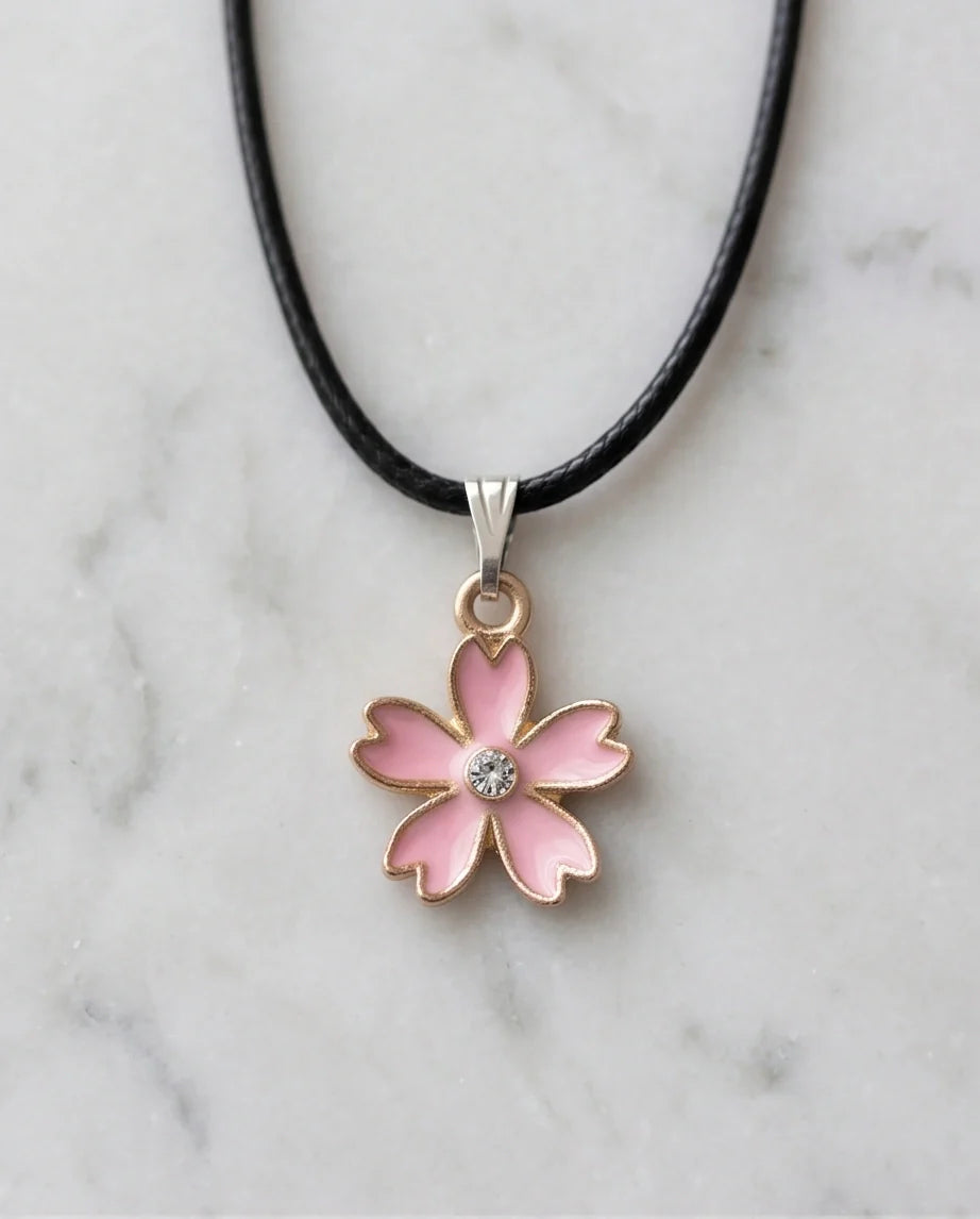 Pink Cherry Blossom Enamel Pendant Necklace with Crystal Accent