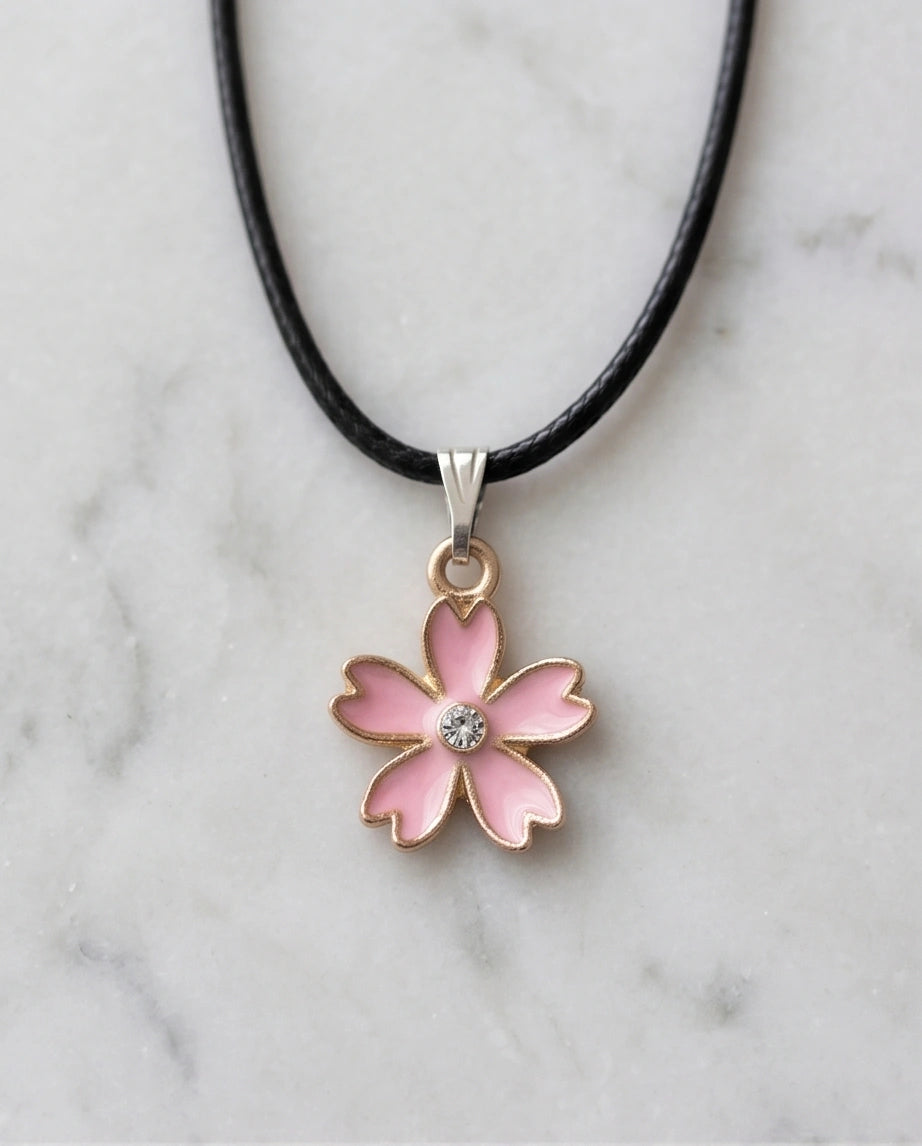 Pink Cherry Blossom Enamel Pendant Necklace with Crystal Accent