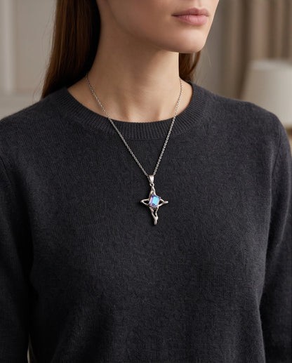 Silver Blue-Purple Gemstone Gothic Cross Pendant Necklace