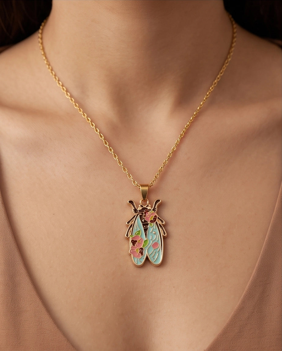 Gold Floral Cicada Enamel Chain Necklace