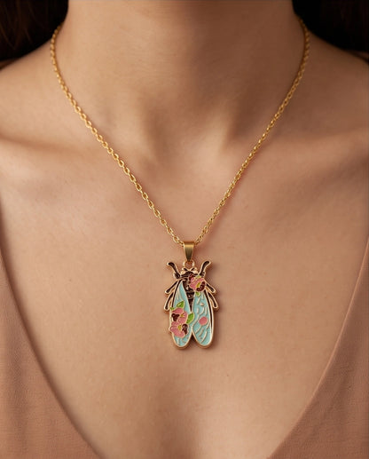 Gold Floral Cicada Enamel Chain Necklace
