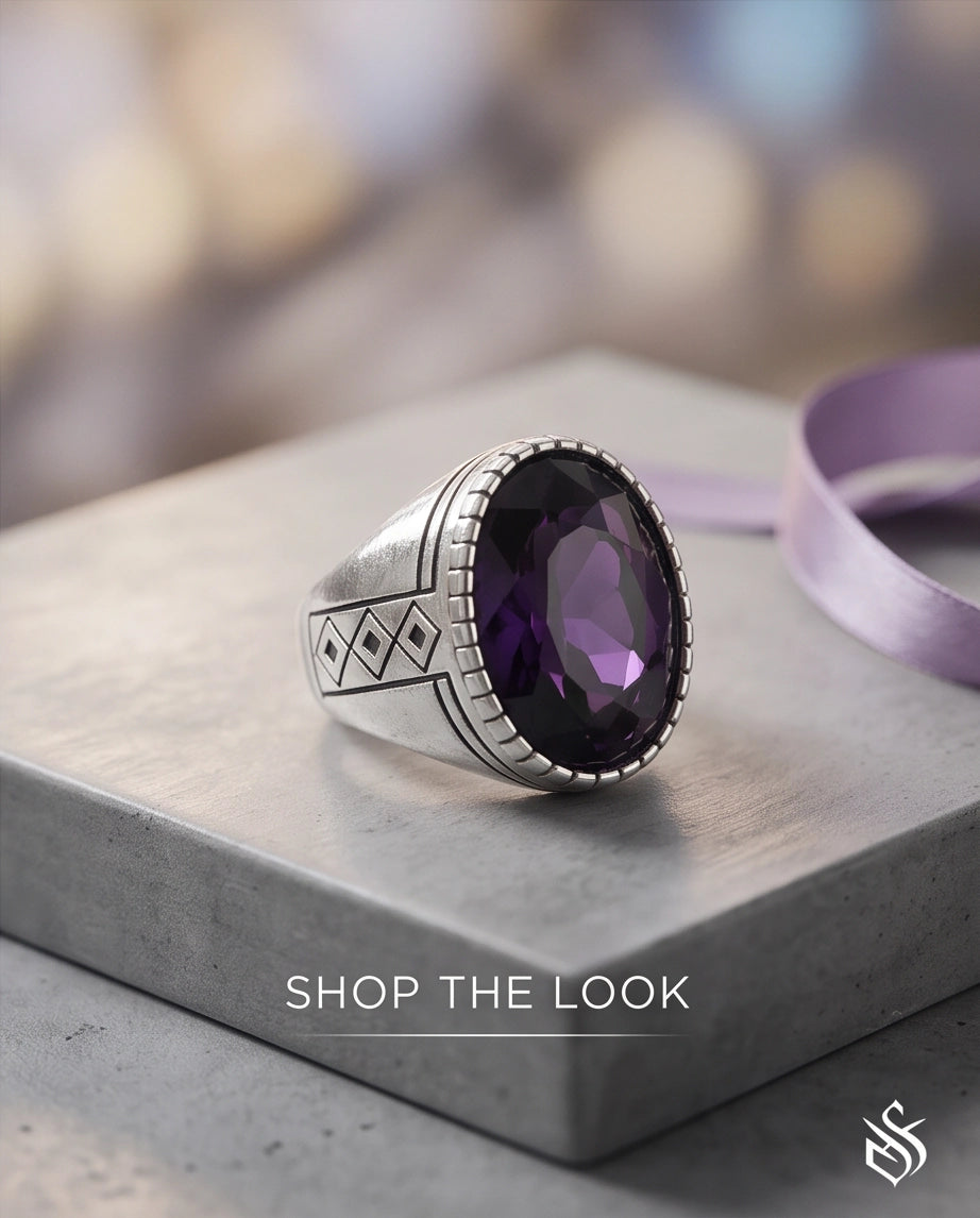 Amethyst Gemstone Notched Bezel Geometric Diamond Silver Ring
