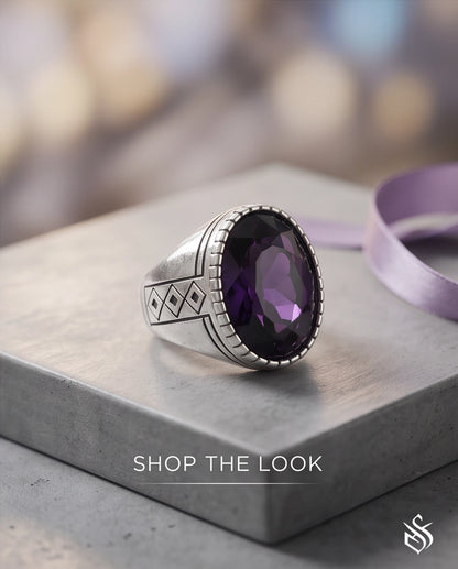 Amethyst Gemstone Notched Bezel Geometric Diamond Silver Ring
