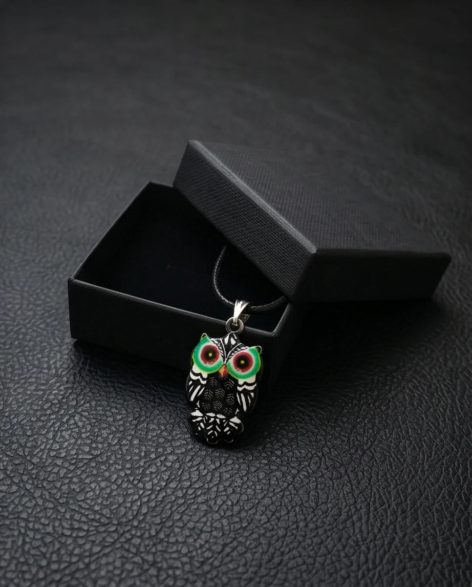 Mystic Green-Eyed Tribal Owl Pendant Necklace