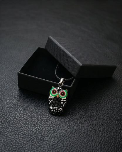 Mystic Green-Eyed Tribal Owl Pendant Necklace