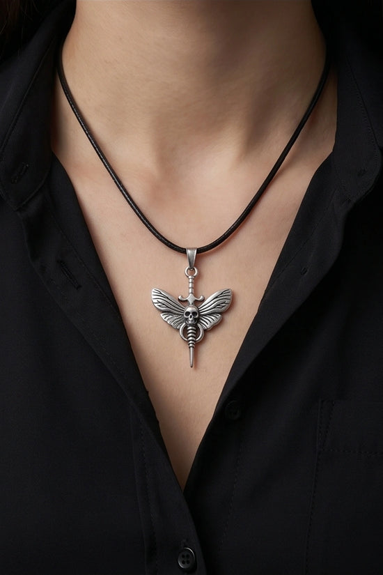 The Shadow Wing: Gothic Skull Moth Dagger Pendant Necklace