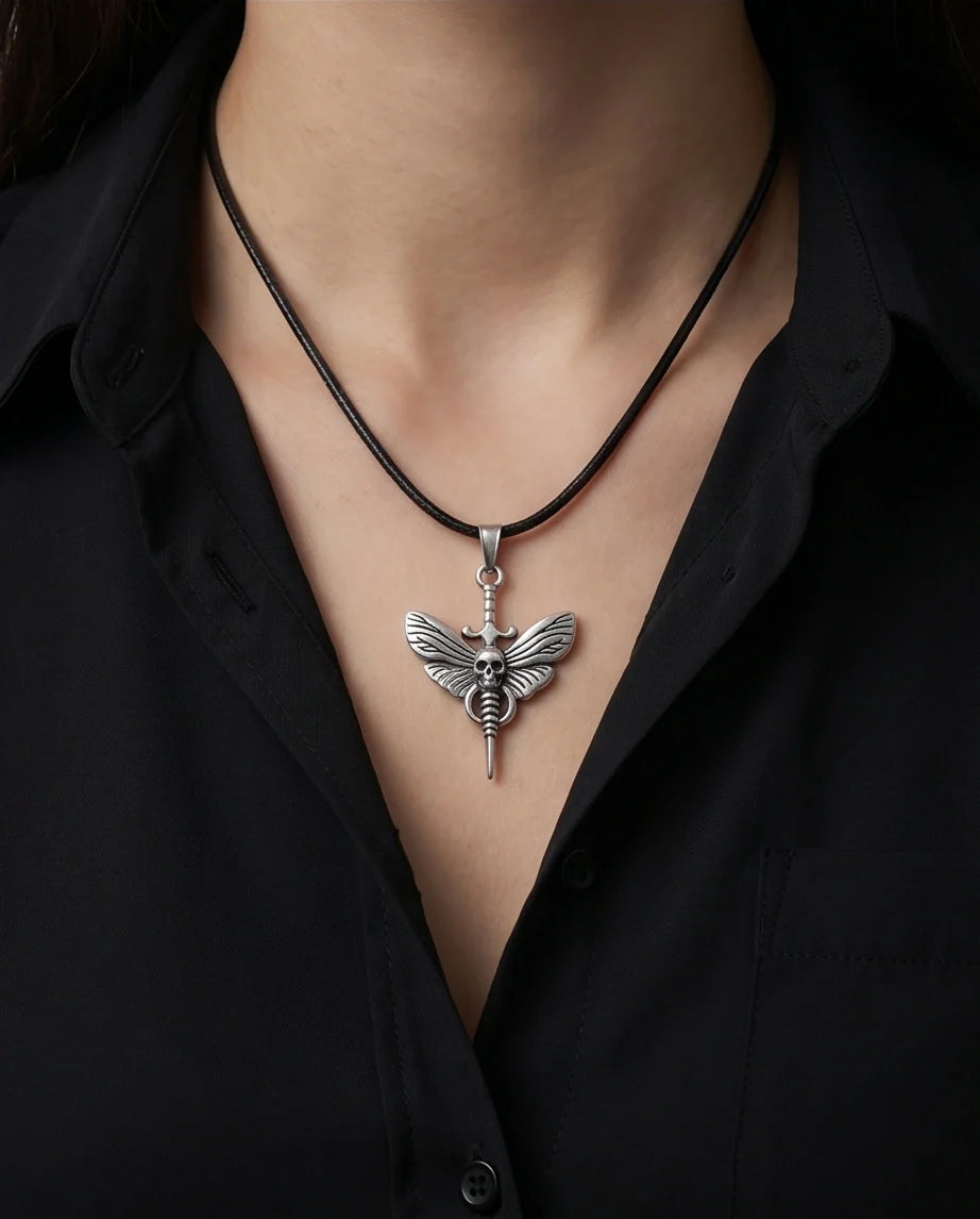 The Shadow Wing: Gothic Skull Moth Dagger Pendant Necklace