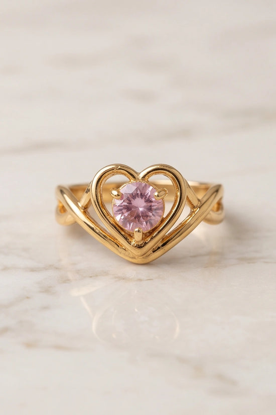 Gold Pink Tourmaline Heart Openwork Ring