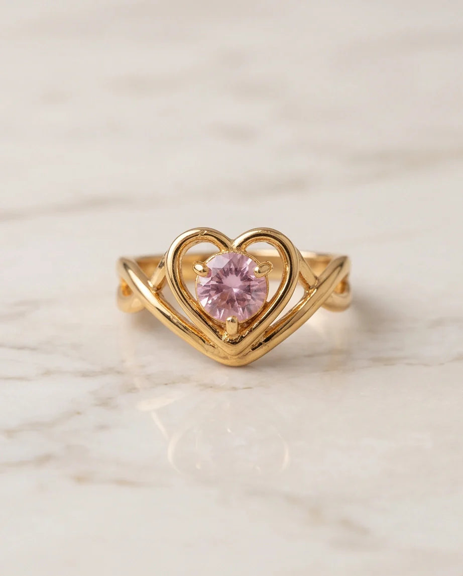 Gold Pink Tourmaline Heart Openwork Ring