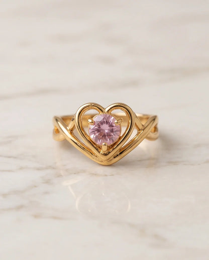 Gold Pink Tourmaline Heart Openwork Ring