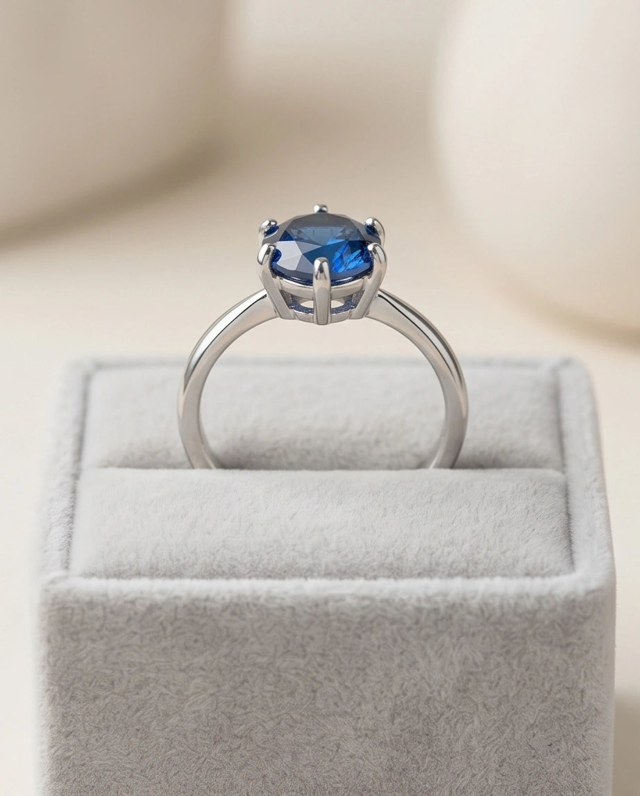 Sterling Silver Royal Blue Round Cut Solitaire Ring