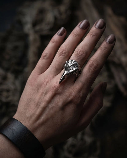 Oxidized Silver Raven Skull Vegvisir Ring