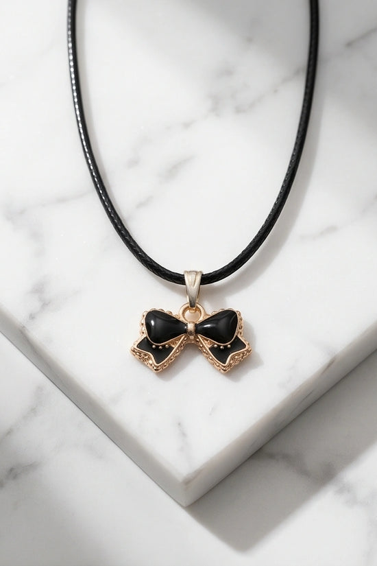 Gold and Black Ribbon Bow Necklace