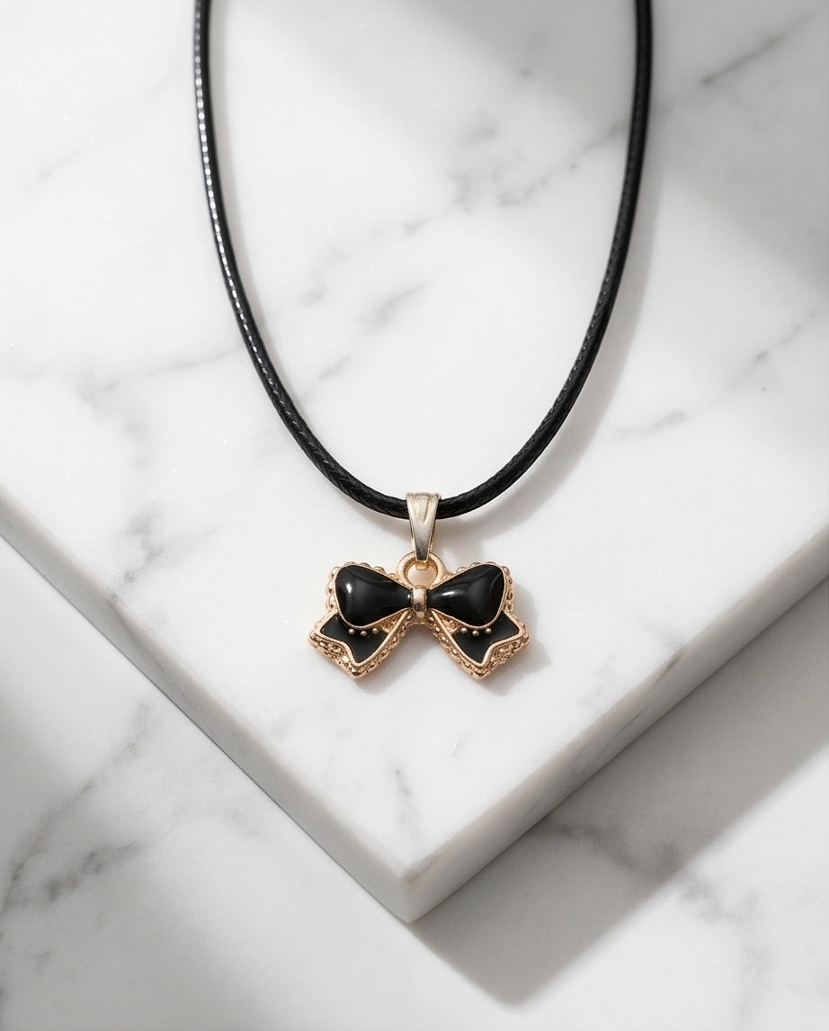 Gold and Black Ribbon Bow Necklace